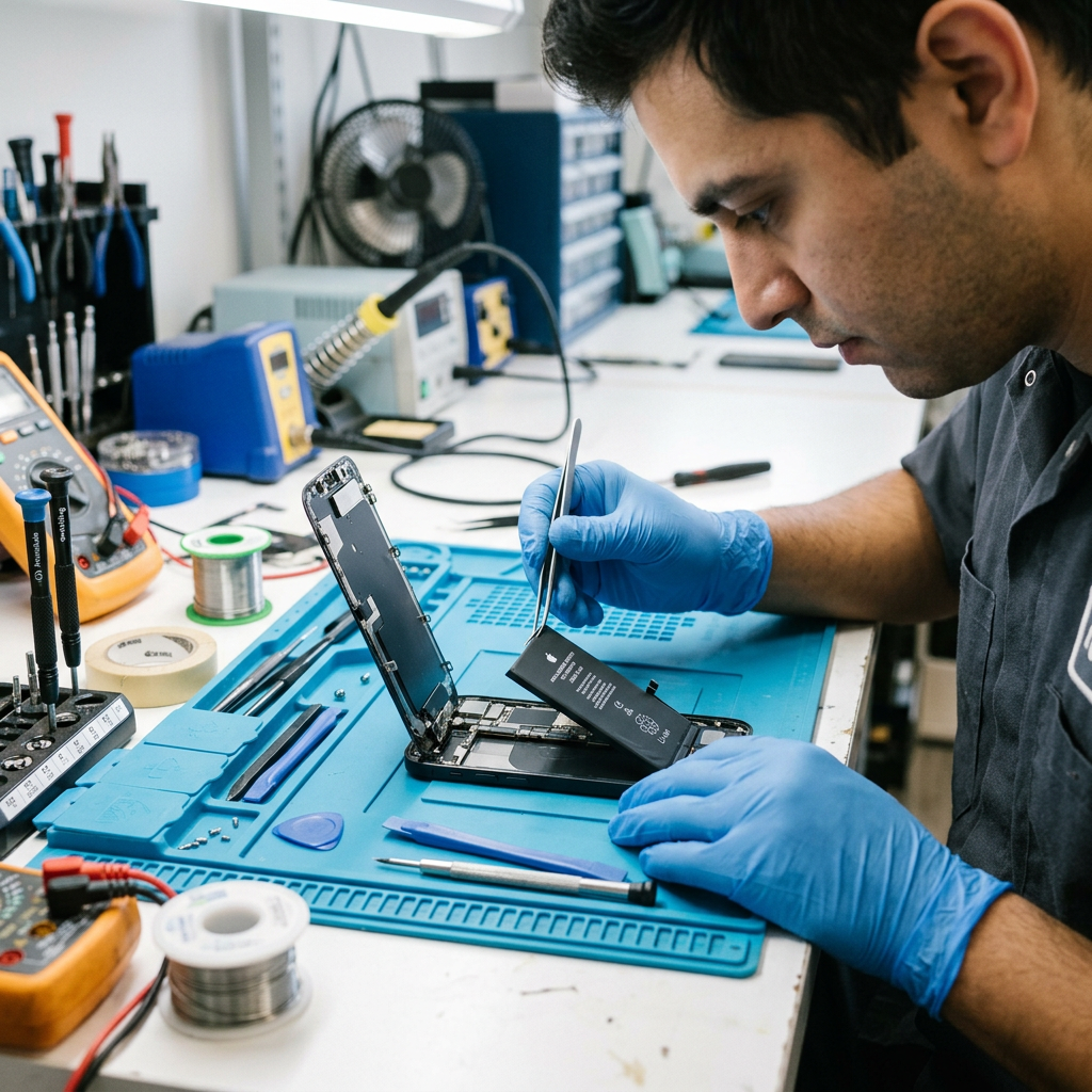Technician removing smartphone battery with tweezers on repair mat